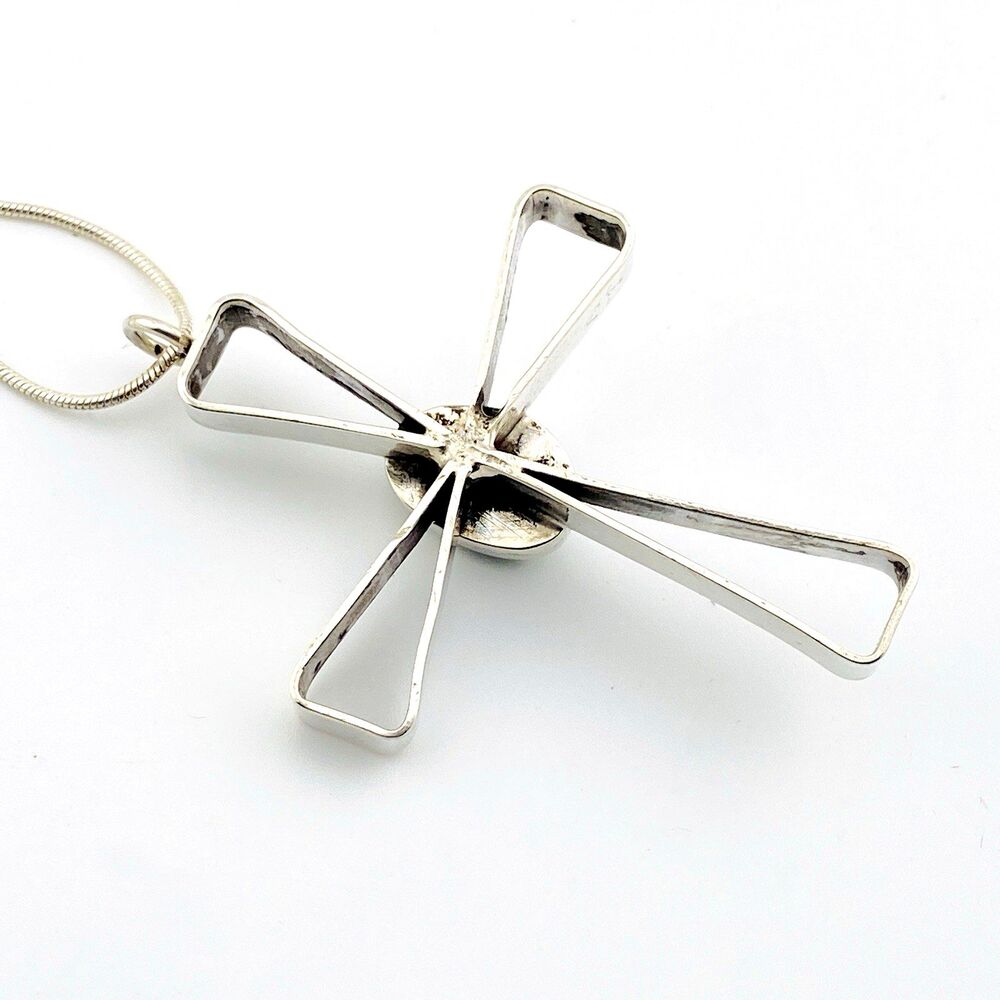 Large Modernist Sterling Silver Turquoise Cross Pendant Necklace Artisan Made - Picture 5 of 7